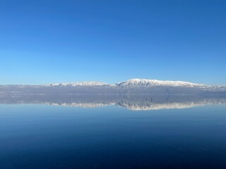 lake Ohrid winter panorama, open sky