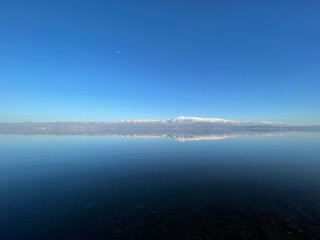 lake Ohrid winter panorama, open sky, wide angle