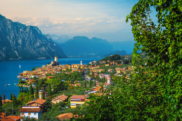 Fototapeta na wymiar Malcesine resort and lake Garda view from the hill, Italy
