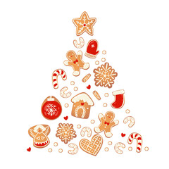 Merry Christmas card with gingerbread cookies. Tree from biscuits. Vector illustration for New Year design.