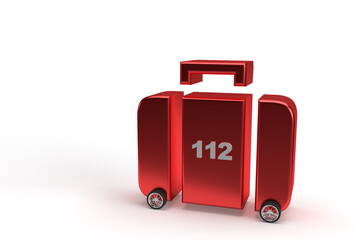 First aid kit suitcase on wheels with 112 emergency number as car on isolated background.