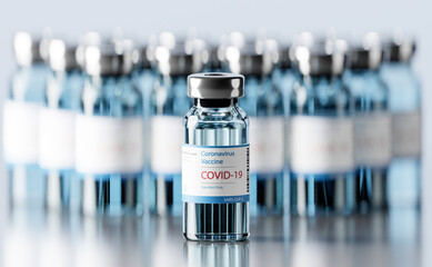 3d Rendering, Group of vials COVID-19 Coronavirus Vaccine Mass Production.