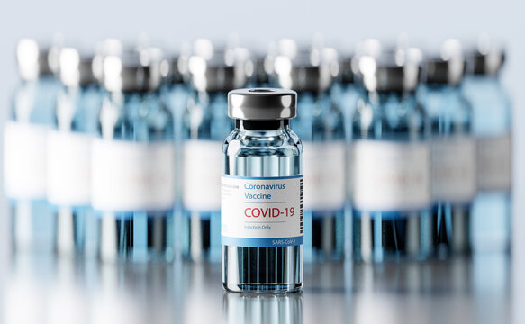 3d Rendering, Group Of Vials COVID-19 Coronavirus Vaccine Mass Production.