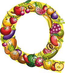 letter  Q. Fruit letters. Collage of colored fruits and vegetables on the letter of the alphabet