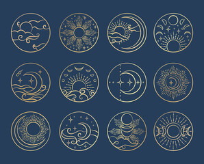 sun and moon golden thin line icons vector set