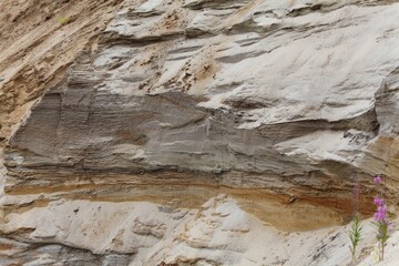 the texture of the sandy wall of the quarry, in the lower left corner there are pink flowers