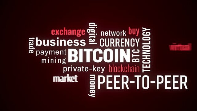 Video animation of bitcoin keyword cloud with white and red text on dark background - Bitcoin - digital cryptocurrency