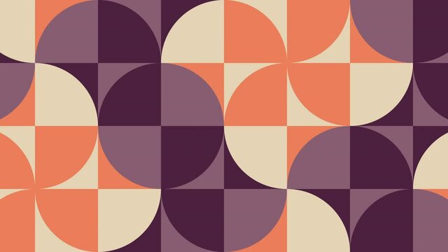 Animated tiles in vintage geometric pattern in warm color palette . Motion graphic seamless loop animation in retro flat style