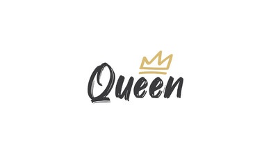 Queen word lettering with gold doodle crown. Vector illustration, calligraphic style text.