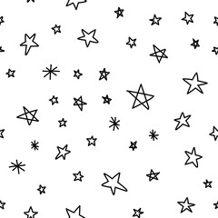 Hand drawn stars seamless pattern. Monochrome texture background of star doodle illustrations.