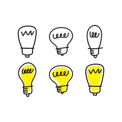 Idea icon doodle. Lightbulb illustration set. Hand drawn electric lamp.