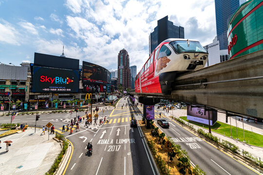 KUALA LUMPUR, 29 July 2018 - The monorail train runs, operates at the Bukit Bintang station in front the Lot 10 shopping mall, Malaysia