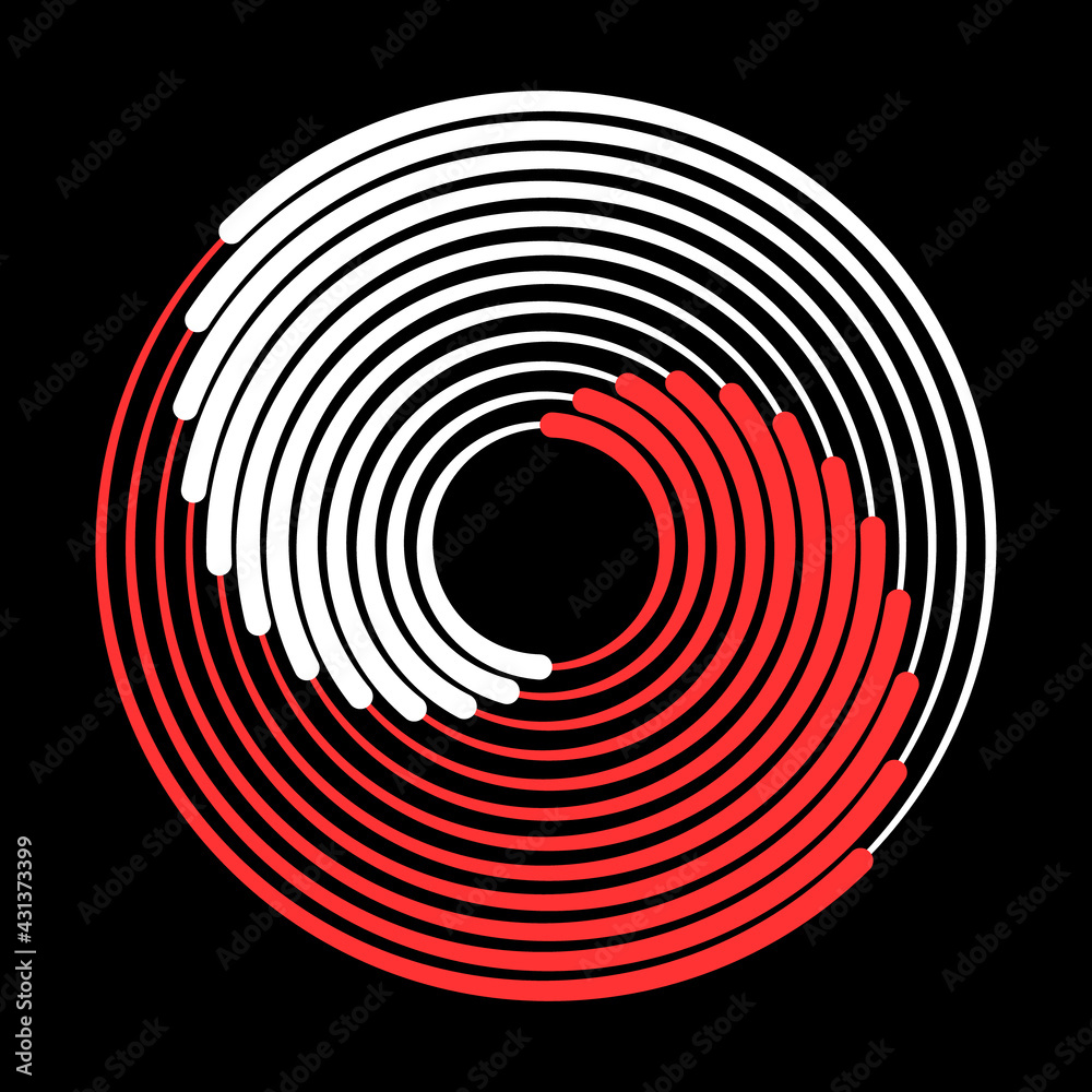 Poster Abstract vector background with red and white lines. Halftone effect. Spiral logo or icon. Yin and yang style.