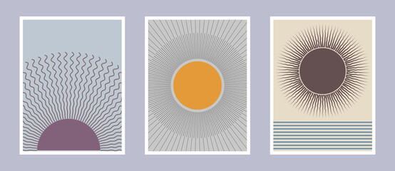 Set of abstract mid century posters composition vector design. Modern boho minimalist art. EPS10 vector illustration. Sun and water concept.