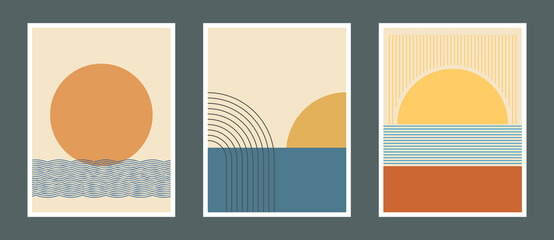 Set of abstract mid century posters composition vector design. Modern boho minimalist art. EPS10 vector illustration. Sun and water concept.