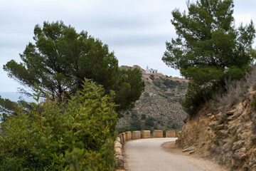 Curve on a hiking trail surrounded by trees leading to a lighthouse.