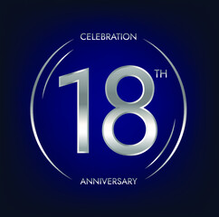 18th anniversary. Eighteen years birthday celebration banner in silver color. Circular logo with elegant number design.