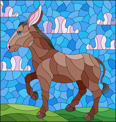 Illustration in the style of a stained glass window with a funny donkey on a background of meadows and a blue cloudy sky