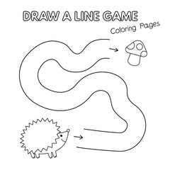 Cartoon hadgehog game for small children - draw a line. Vector coloring book pages for kids