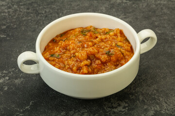 Traditional Georgian Kharcho soup with meat