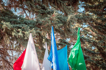 Flags of different colors (blue, red, white, green).