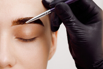 Master applies brow paste with a brush to eyebrows. Styling and lamination of eyebrows. Woman doing eyebrow permanent makeup correction. Eyebrow shaping with a cosmetic brush close-up.