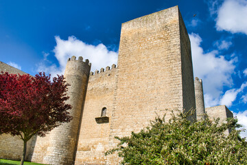 Muralla, torres y almenas castillo medieval en Montealegre de Campos, provincia de Valladolid,...