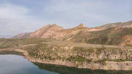 drone view lake with mountain
