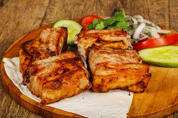 Grilled pork shashlick served vegetables