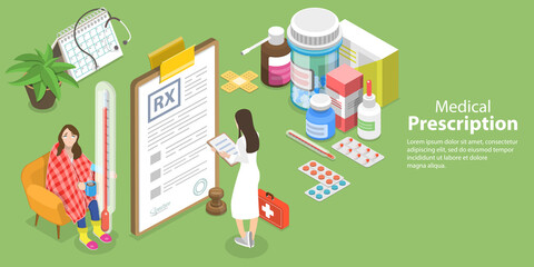 3D Isometric Flat Vector Conceptual Illustration of RX, Medical Prescription