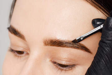 Master applies brow paste with a brush to eyebrows. Styling and lamination of eyebrows. Woman doing eyebrow permanent makeup correction. Eyebrow shaping with a cosmetic brush close-up. - obrazy, fototapety, plakaty