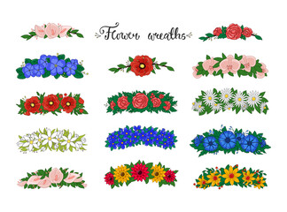 Flower wreaths. Set of flower tiaras with daisies, roses, orchids, poppies, snowdrops. Wedding decor. Vector. Objects are isolated. © Светлана Вдовина
