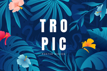 Asbtact floral background with tropical leaves, plants, flowers and place for text. Jungle foliage backdrop. Summer banner design. Vector illustration. - obrazy, fototapety, plakaty