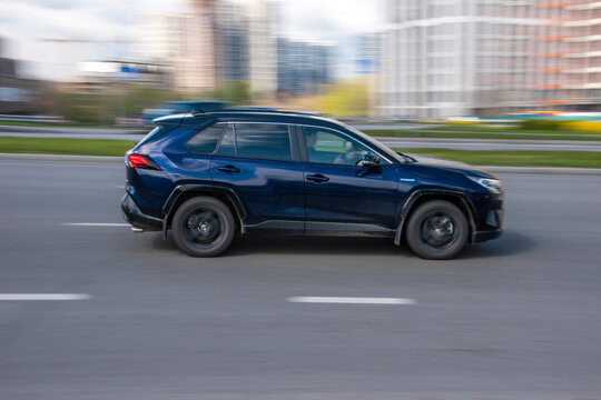 Ukraine, Kyiv - 26 April 2021: Blue Toyota RAV 4 car moving on the street. Editorial