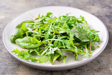 A mixture of fresh arugula, chard and mizun leaves on a plate  on the table. Vegetarianism, healthy eating. Close-up