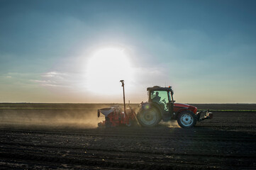 Fototapeta premium Sowing crops at agricultural fields in spring