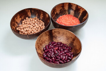 Groups of bowls of beans, lentils, chickpeas