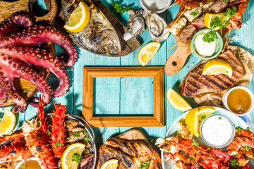 Fototapeta na wymiar Assortment various barbecue Mediterranean grill food - fish, octopus, shrimp, crab, seafood, mussels, summer diet bbq party fest, with kebab, sauces, light blue sunny wooden background
