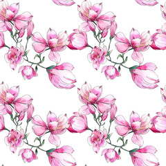 Watercolor illustration. Seamless pattern of pink magnolia flowers on a white background