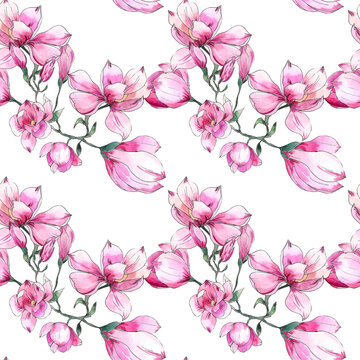 Watercolor illustration. Seamless pattern of pink magnolia flowers on a white background