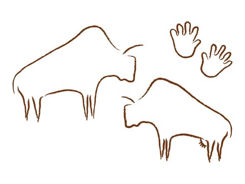 Ancient bison silhouettes rock art. Prehistoric grazing bulls drawn in minimalist style primitive people with vector palm prints.