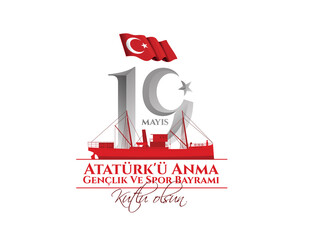 vector illustration. Milli Mucadelenin 102. Yil, 19 mayis Ataturk'u Anma, Genclik ve Spor Bayramiz , translation: 19 may Commemoration of Ataturk, Youth and Sports Day, 102th Year National Mucadelen