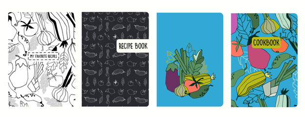 Cover page templates for recipe books based on patterns with vegetables. Headers isolated and replaceable