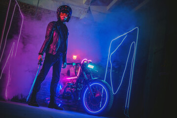 Fototapeta na wymiar Motorbiker with a katana sword on the futuristic motorbike background. Special agent. Cyberpunk.