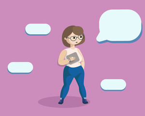 Girl worker in the office. Thought clouds