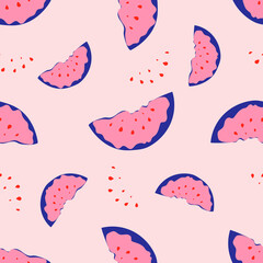 Seamless background with slices of juicy watermelon on pink. For printing on fabrics, textiles, posters, pillows, interior design.