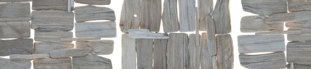 Driftwood banner. gray sea snags   set isolated on white background.Decor in a nautical style. sea driftwood banner.Marine nature background. Marine gray driftwood set