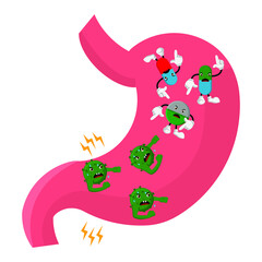 stomach ache with virus and capsule cartoon of vector illustration
