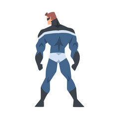 View From Behind of Man Superhero Character in Black and Blue Costume Cartoon Vector Illustration