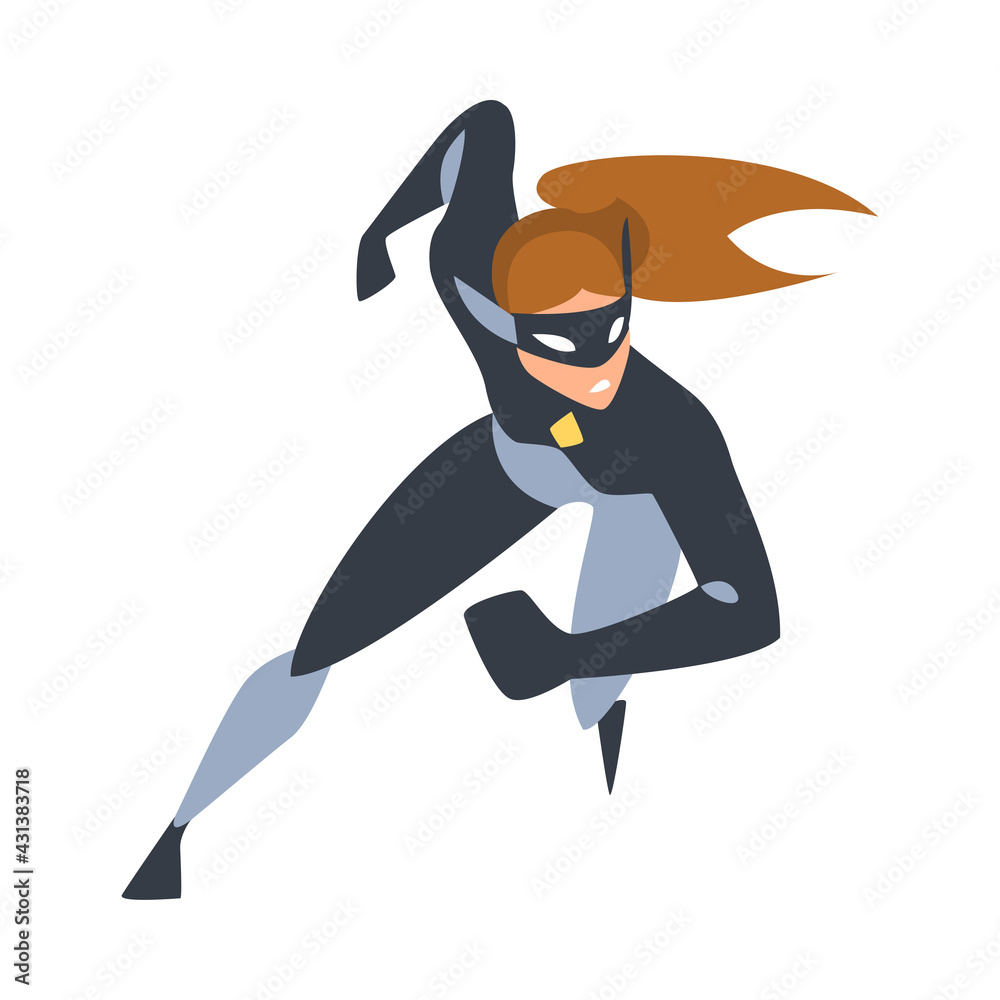 Wall mural Running Girl Superhero, Superwoman Character Dressed Black Costume and Mask Cartoon Vector Illustration